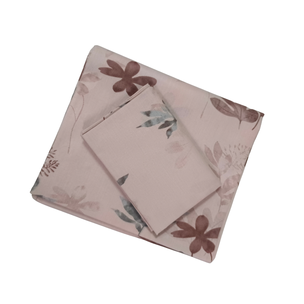 100% Cotton Single Bedsheet | Light Pink With Brown Leaf Design | POLO P448(One Pillow Cover)