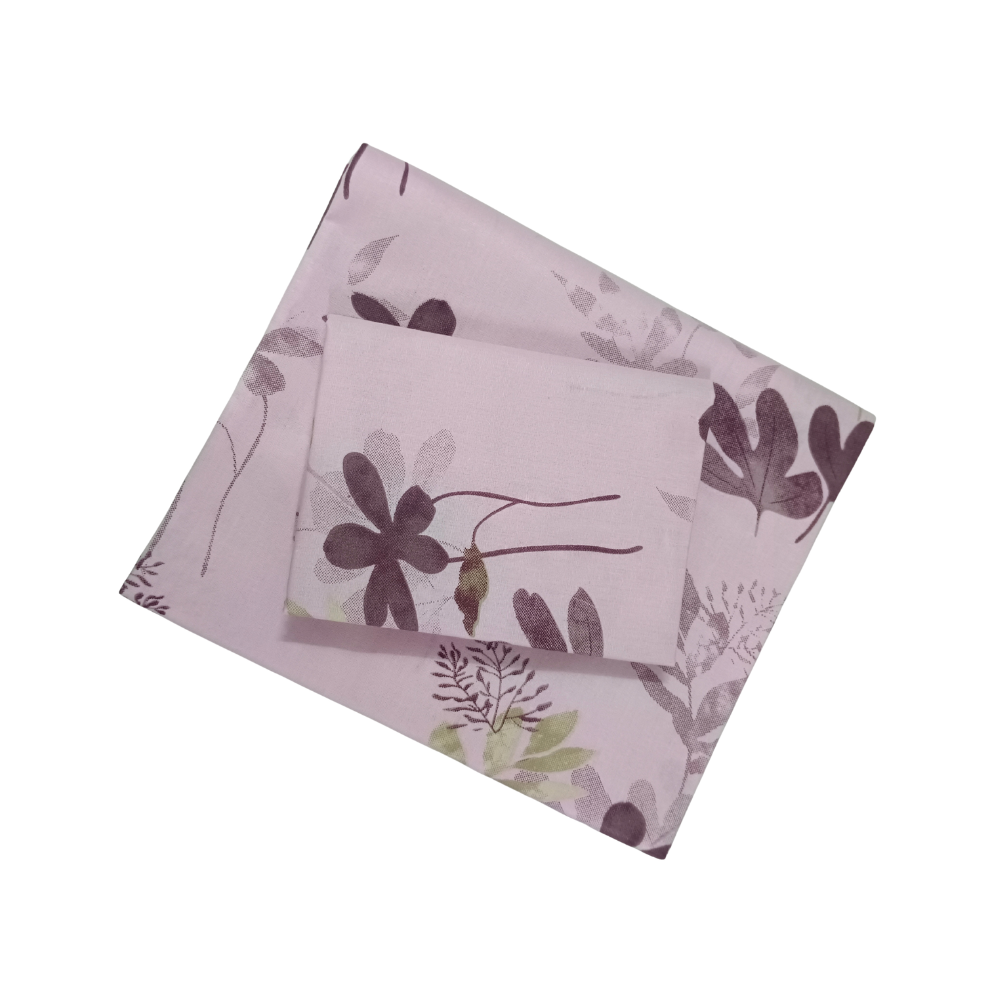 100% Cotton Single Bedsheet | Light Violet With Dark Violet Leaf Design | POLO P449(One Pillow Cover)
