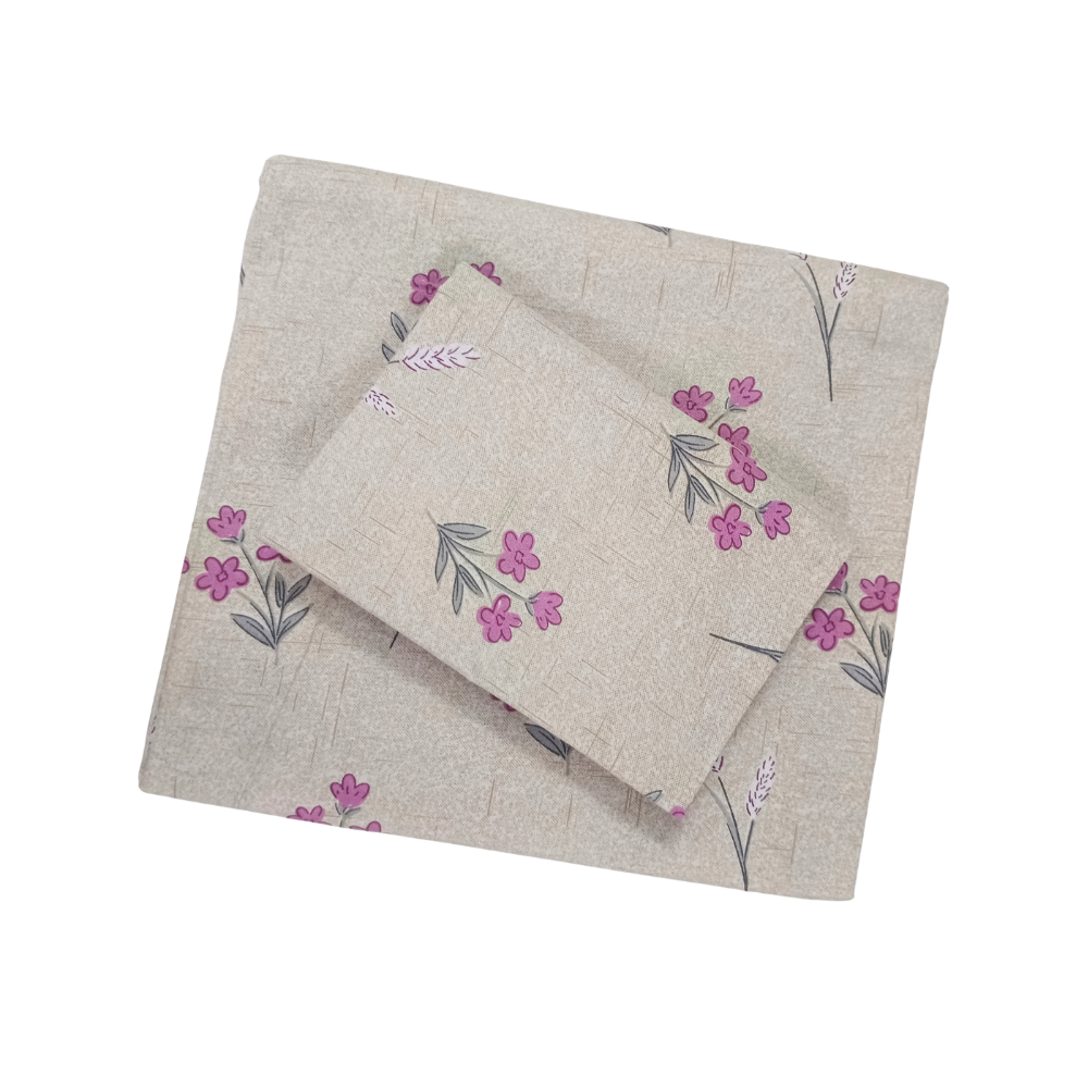 100% Cotton Single Bedsheet | Light Beige With Pink Floral Design | POLO P450(One Pillow Cover)