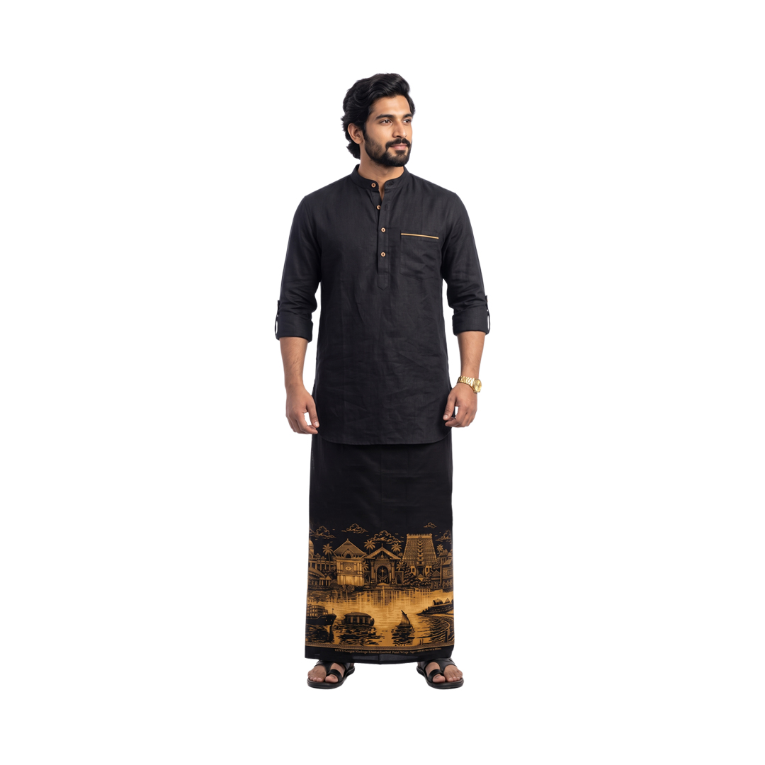 Kerala Heritage Men’s Wrap | 100% Cotton | Traditional Kerala Lounge Wear for Men | Trivandrum | Black