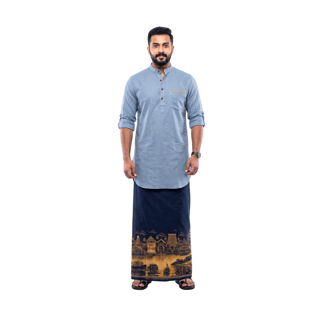 Kerala Heritage Men’s Wrap | 100% Cotton | Traditional Kerala Lounge Wear for Men | Trivandrum | Blue