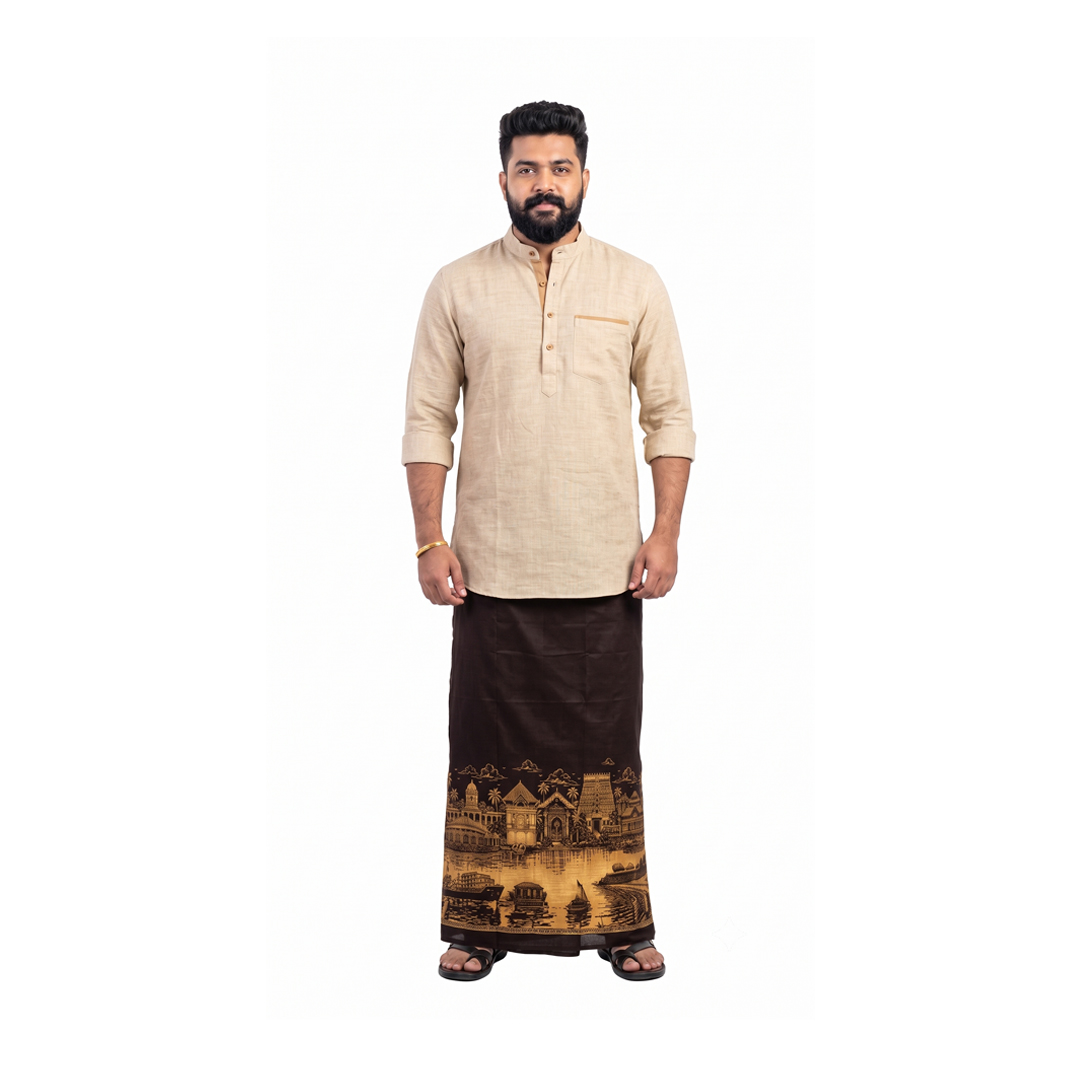 Kerala Heritage Men’s Wrap | 100% Cotton | Traditional Kerala Lounge Wear for Men | Trivandrum | Brown
