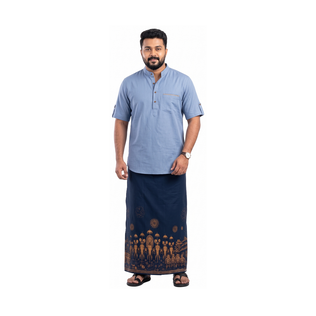 Kerala Heritage Men’s Wrap | 100% Cotton | Traditional Kerala Lounge Wear for Men | Thrissur| Blue
