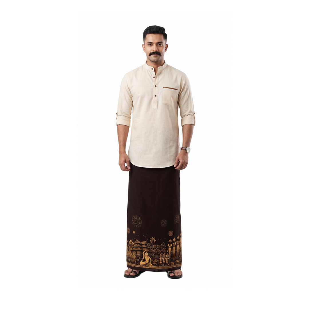 Kerala Heritage Men’s Wrap | 100% Cotton | Traditional Kerala Lounge Wear for Men | Thrissur | Brown