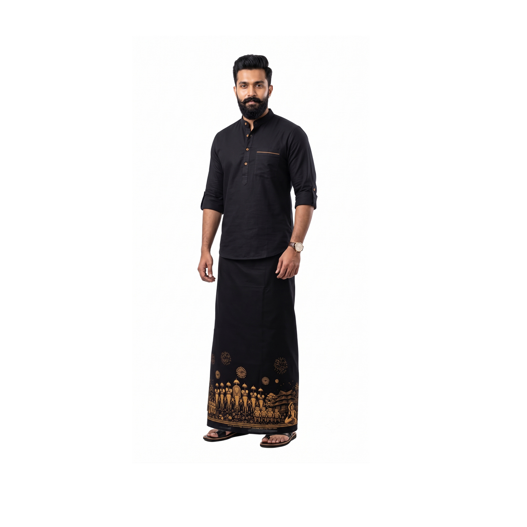 Kerala Heritage Men’s Wrap | 100% Cotton | Traditional Kerala Lounge Wear for Men | Thrissur | Black
