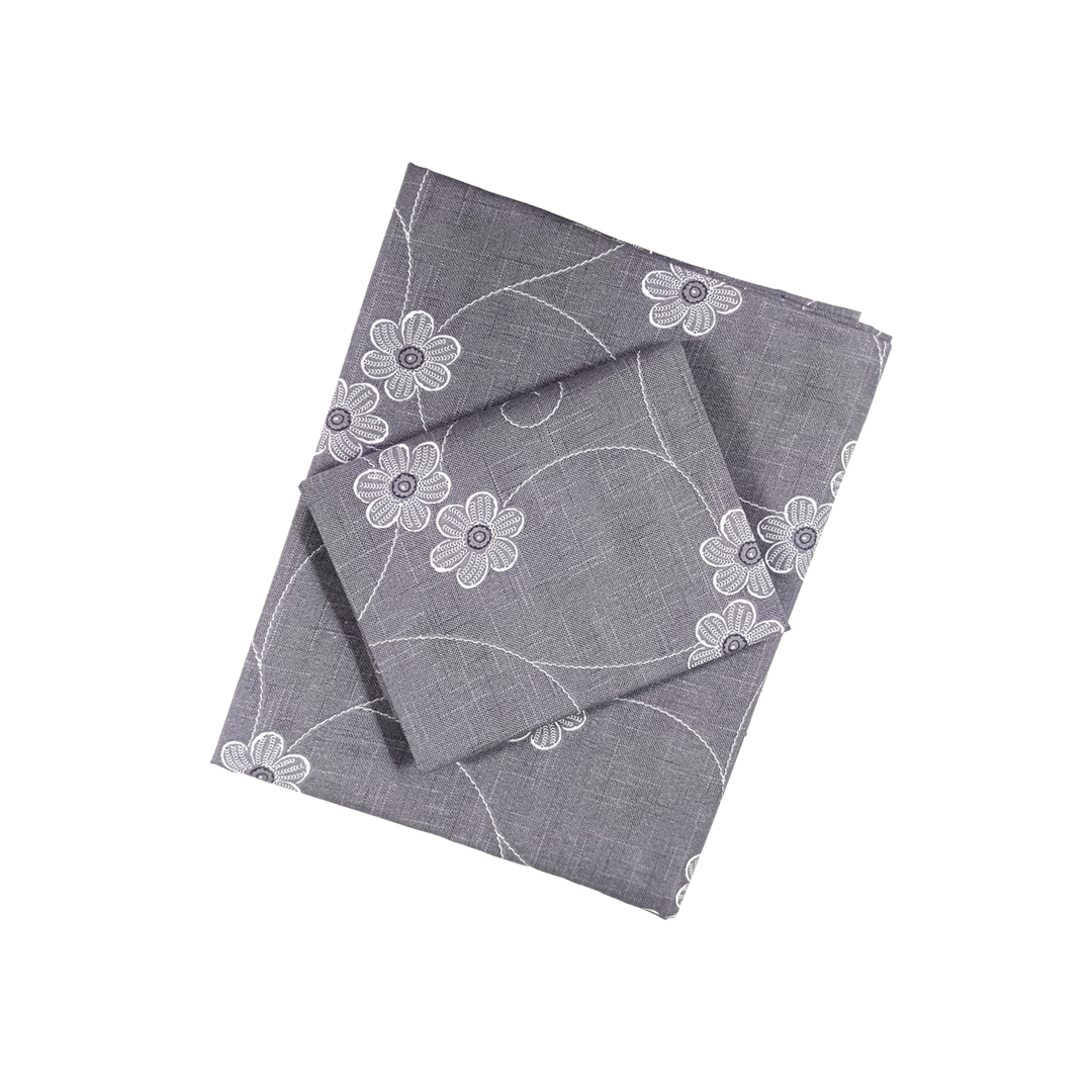 100% Cotton Single Bedsheet | Dark Ash With White Floral Design | POLO P454(One Pillow Cover)