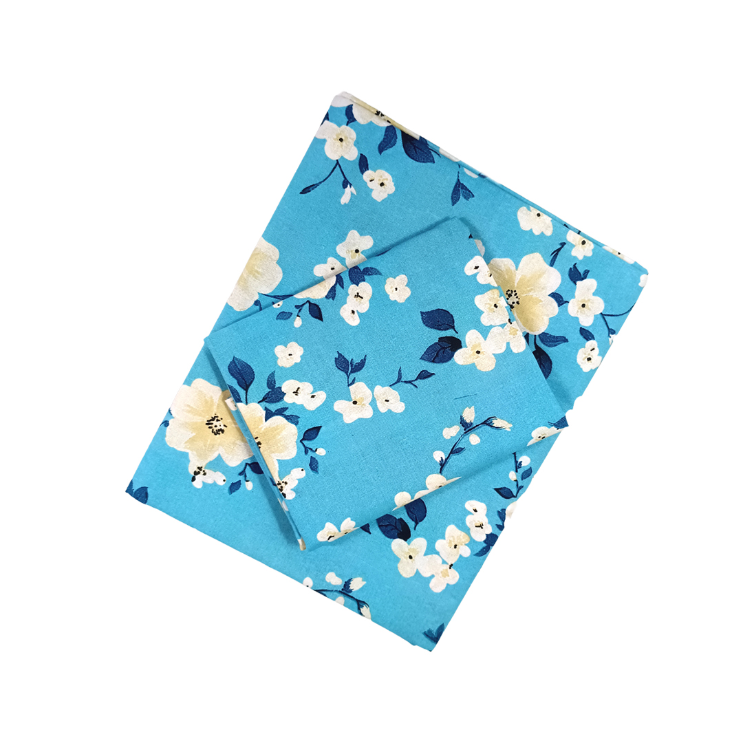 100% Cotton Single Bedsheet | Blue With White Floral Design | POLO P455(One Pillow Cover)