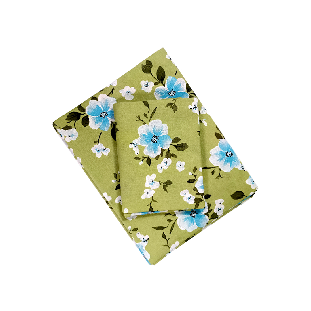 100% Cotton Single Bedsheet | Green With Blue Floral Design | POLO P457(One Pillow Cover)
