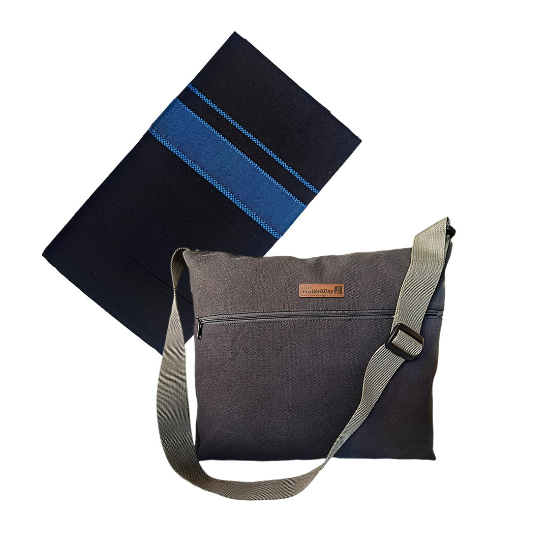 Sabari Mala Traditional Ayyappa Irumudi Bag + Regular Black Shaparimala Dhoti Blue Border | Combo 4