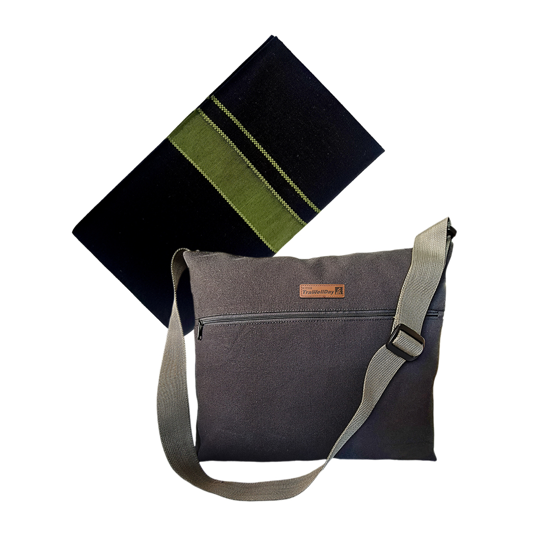 Sabari Mala Traditional Ayyappa Irumudi Bag + Regular Black Shaparimala Dhoti Green Border | Combo 5